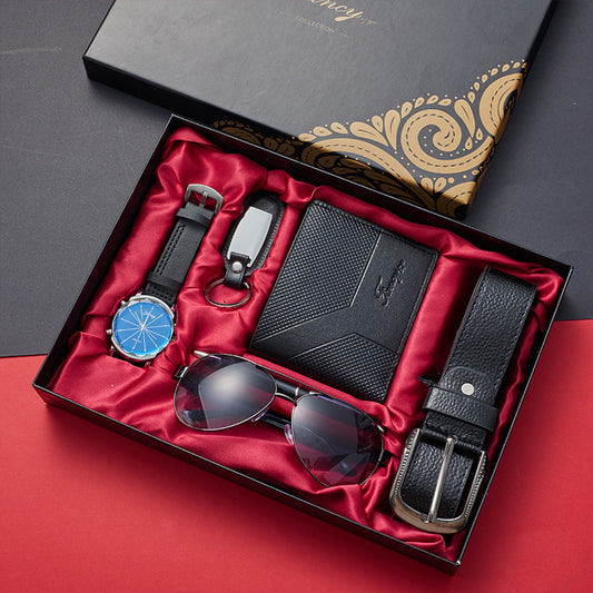 Business Gift Set Men's Quartz Watch Sunglasses Leather Belt Wallet Pen Keychain Pen Gift Box Cross Border
