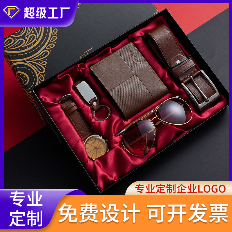 Business Gift Set Men's Quartz Watch Sunglasses Leather Belt Wallet Pen Keychain Pen Gift Box Cross Border